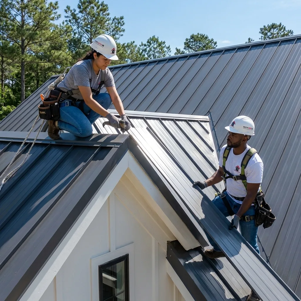 Two roofers installing a charcoal standing seam metal roof
