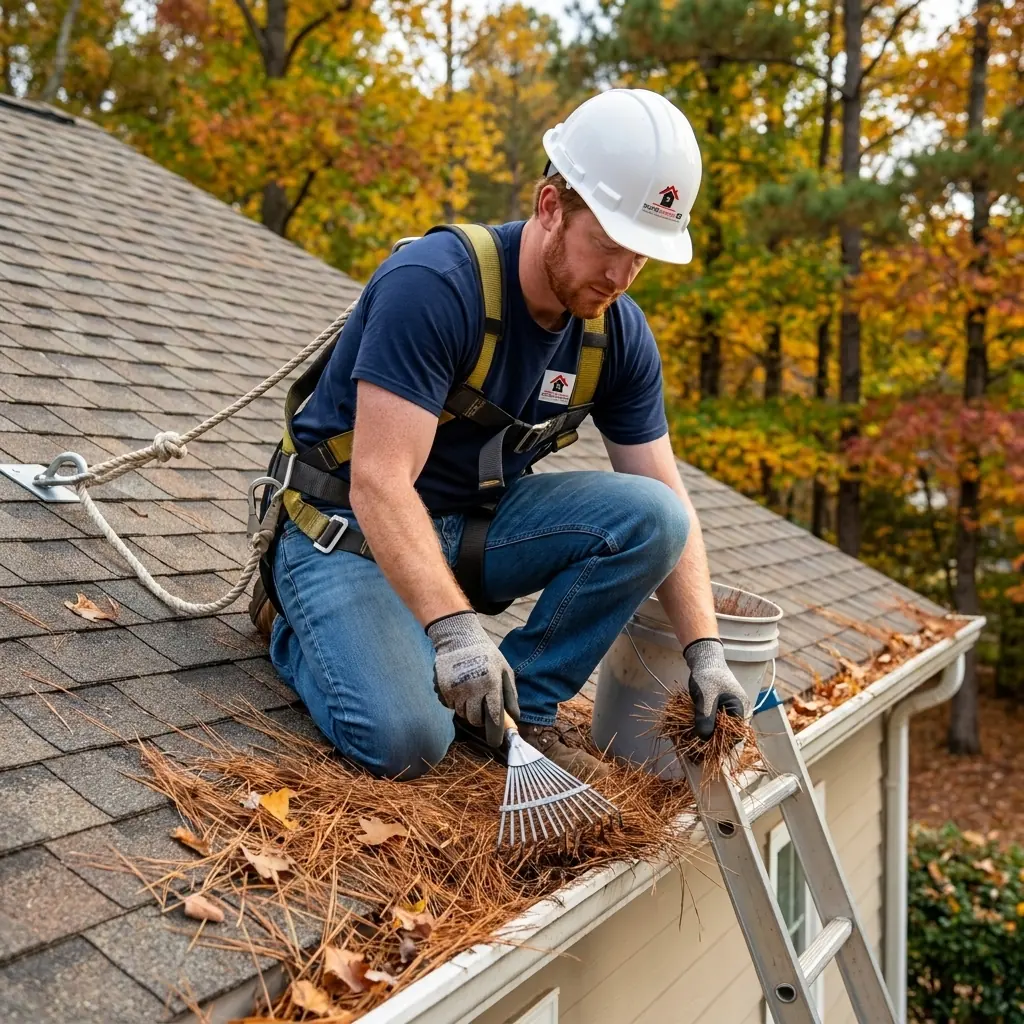 Roofer clearing pine needles from a roof valley and gutter