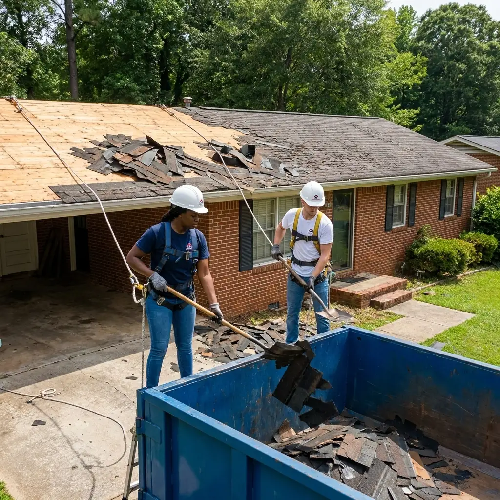 Roofers tearing off old shingles during a roof replacement