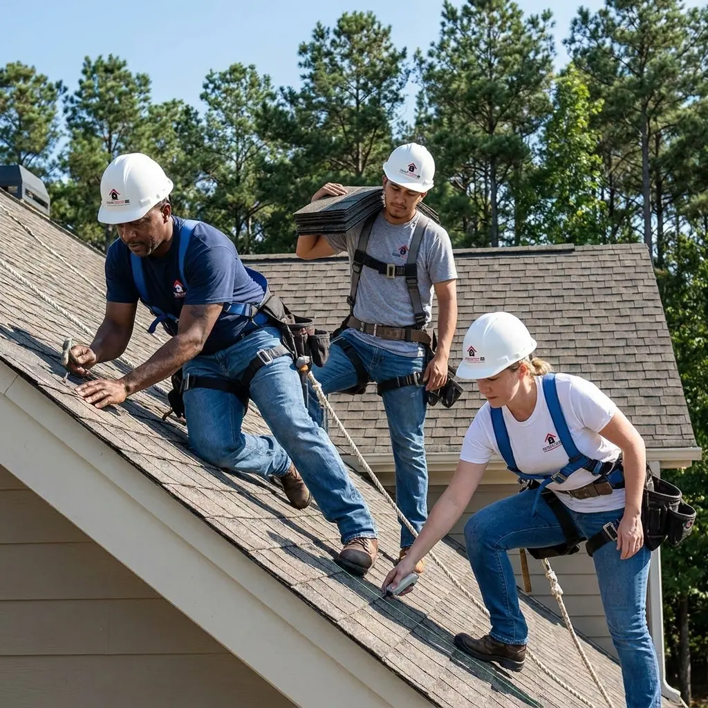 Roofing crew in harnesses installing shingles on a Conyers, GA home